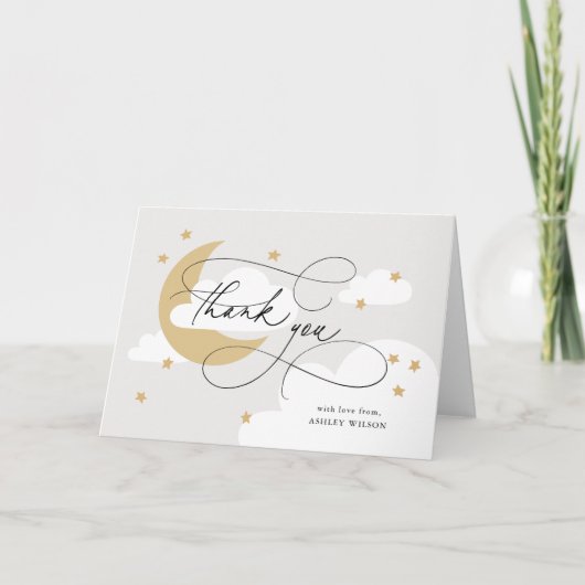 Moon and Stars Grey Gold Script Baby shower Bedankkaart (Voorkant)