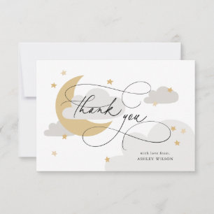 Moon and Stars Grey Script Baby shower Bedankkaart