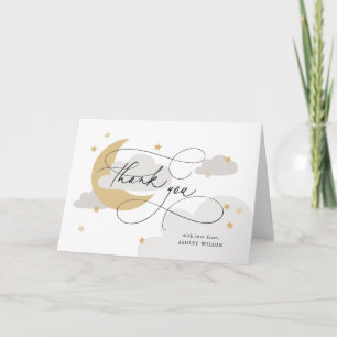 Moon and Stars Grey Script Baby shower Bedankkaart