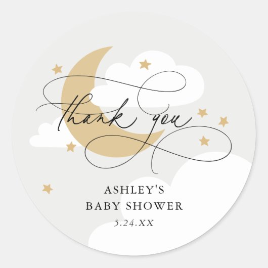 Moon and Stars Grey Script Baby shower Dank u Ronde Sticker (Voorkant)