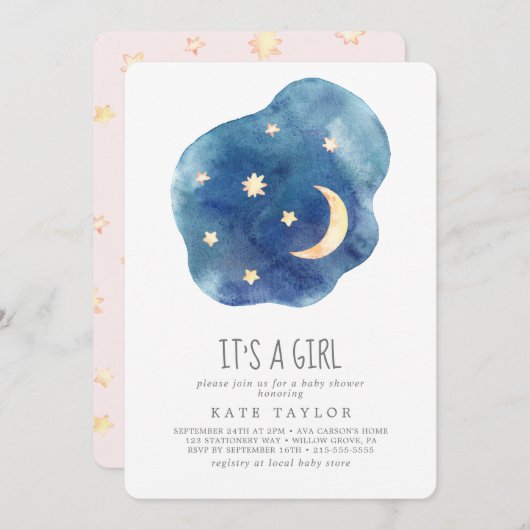 Moon and Stars Het is een Girl Baby shower Uitnodi Kaart (Voorkant / Achterkant)