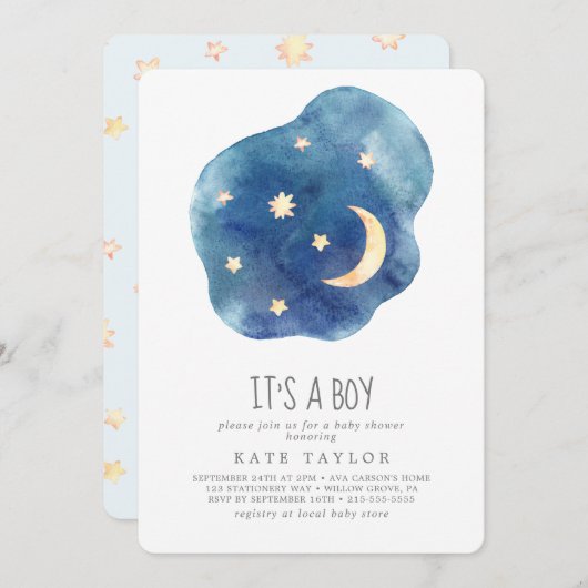 Moon and Stars Het is een jongen Baby shower Kaart (Voorkant / Achterkant)