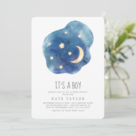 Moon and Stars Het is een jongen Baby shower Kaart (Staand voorkant)