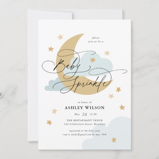 Moon and Stars Matte Blue Script Baby Sprinkle Kaart (Voorkant)