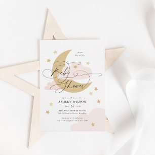 Moon and Stars Matte Pinks Script Baby shower Kaart