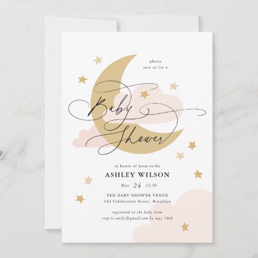 Moon and Stars Matte Pinks Script Baby shower Kaart (Voorkant)