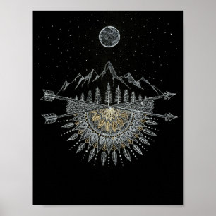 Moon and Stars Night Sky Mountain Range Mandala Poster