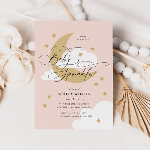 Moon and Stars Pink Elegant Script Baby Sprinkle Kaart