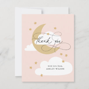 Moon and Stars Pink Gold Script Baby shower Bedankkaart