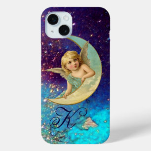 MOON ANGEL IN BLUE GOLD SPARKLES Monogram iPhone 15 Mini Hoesje