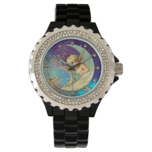 MOON ANGEL IN BLUE GOLD YELLOW SPARKLES HORLOGE