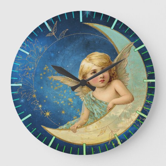 Moon Angel in Celestial Blue en Gold Grote Klok (Voorkant)