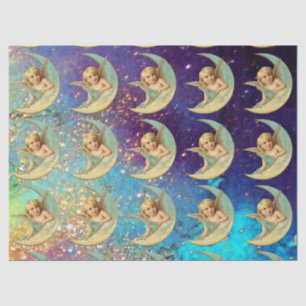 MOON ANGELS IN BLUE GOLD YELLOW SPARKLES TISSUEPAPIER