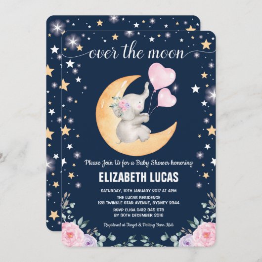Moon Baby shower / Girly Elephant Twinkle Star Kaart (Voorkant / Achterkant)