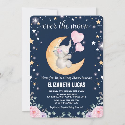 Moon Baby shower / Girly Elephant Twinkle Star Kaart (Voorkant)