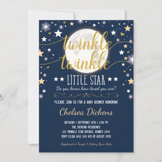 Moon Baby shower Twinkle Little Star Navy Gold Kaart (Voorkant)