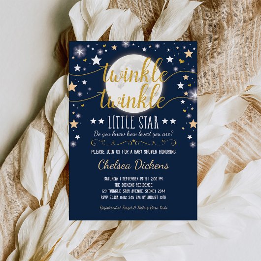 Moon Baby shower Twinkle Little Star Navy Gold Kaart