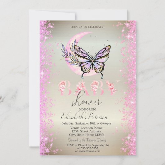 Moon Butterfly Glitter Confetti Baby shower Kaart (Voorkant)