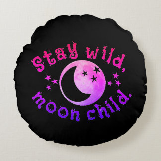 Moon Child Stay Wild Roze Zwarte Sterren Galaxy Rond Kussen