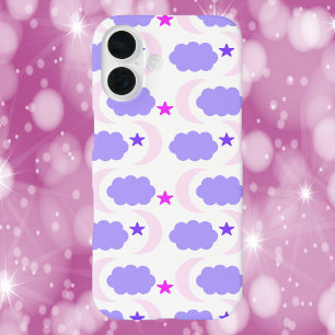 Moon Cloud Stars Donker Paarse Roze Patroon iPhone 16 Hoesje