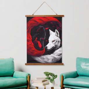 Moon Crimson Red White Wolf Hangend Wandkleed