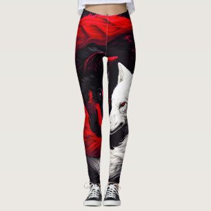 Moon Crimson Red White Wolf Leggings