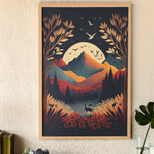 Moon en Colorful Mountains met Meadow Ai Art Poster