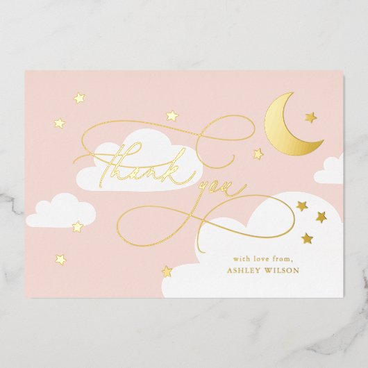 Moon en Stars Roze Manuscript Baby Dank u Folie Uitnodiging (Voorkant)