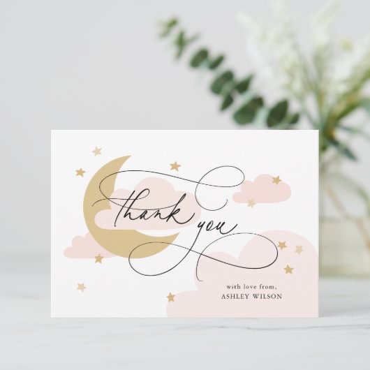 Moon en Stars Roze Script Baby shower Bedankkaart (Staand voorkant)