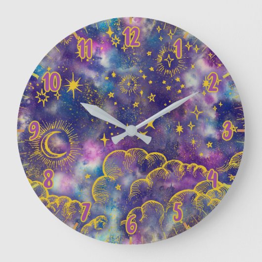 Moon en sterren | Goud, kleurrijk Grote Klok (Voorkant)