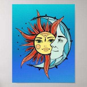Moon en zon. illustratie  tattoo poster