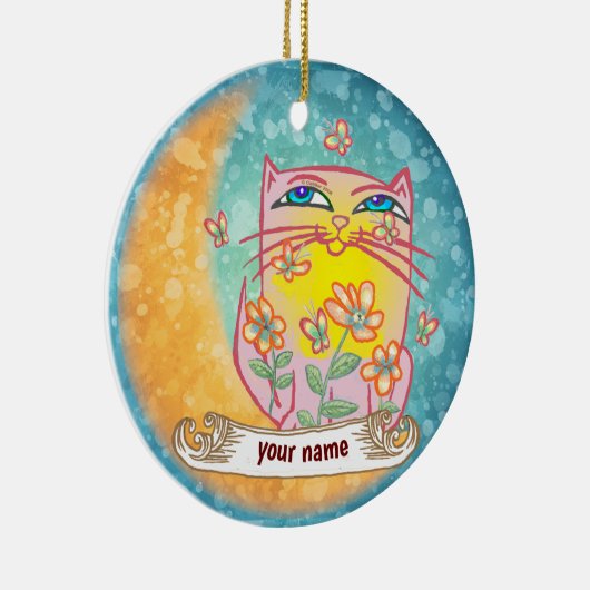 Moon Flowers Cat Keramisch Ornament (Rechts)