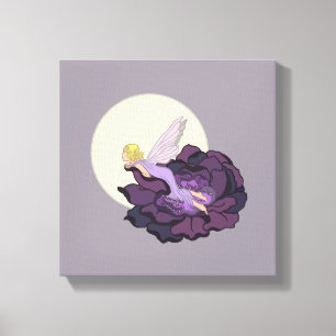 Moon Gazing Paars Flower Fairy Evening Sky Canvas Afdruk