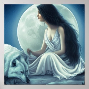Moon Goddess met Wolf Bowing - Wolf Poster