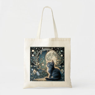 Moon Kitten Blue Night Art Nouveau Tote Bag