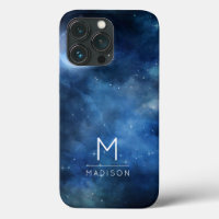 Moon Navy Blue Galaxy Sky Celestial Monogram