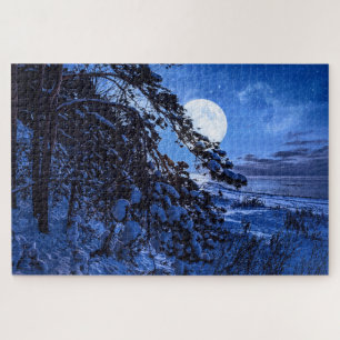 Moon over de sneeuwvloerboom en de kust van het ze legpuzzel