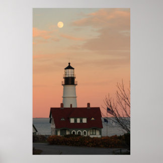 Moon over Portland Head vuurtoren Poster