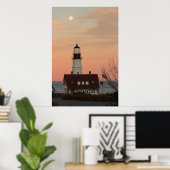 Moon over Portland Head vuurtoren Poster (Thuiskantoor)