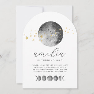 Moon Phases Gold Stars Birthday Invitation Kaart