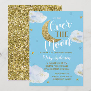 Moon Sky Blue Powder Blauw en Goud Baby shower Kaart