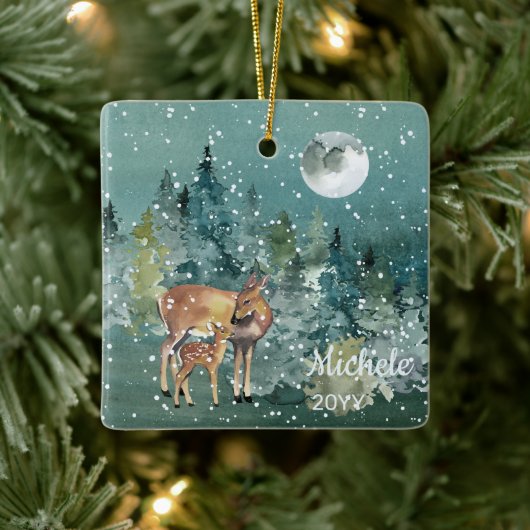 Moon Snowfall Waterverf Fawn Deer Forest Keramisch Ornament (Boom)