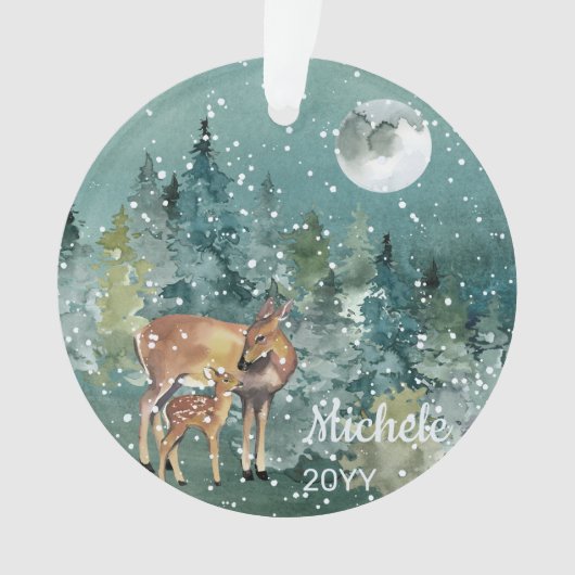 Moon Snowfall Waterverf Fawn Deer Forest Ornament (voorkant)
