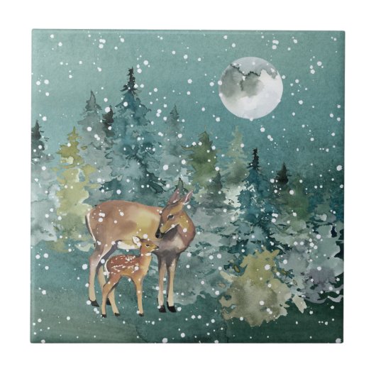 Moon Snowfall Waterverf Fawn Deer Forest Tegeltje (Voorkant)