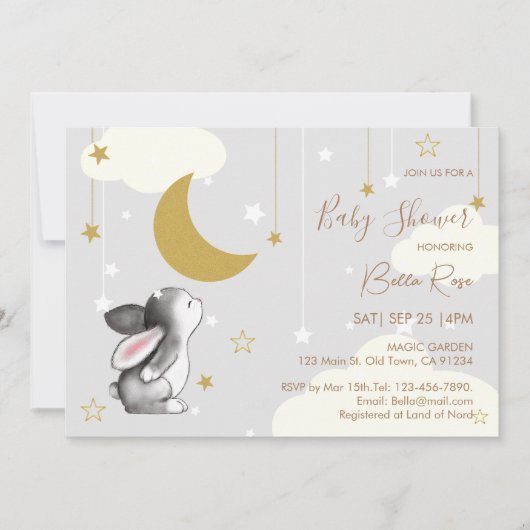 Moon Star Cloud Bunny Baby shower Uitnodiging (Voorkant)