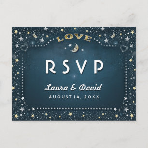 Moon & Stars Blauwgroen Goud & Wit Matching RSVP Uitnodiging Briefkaart