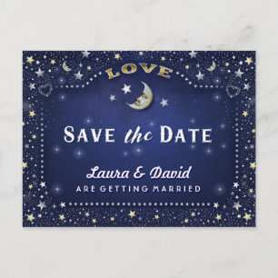 Moon & Stars Blue Gold & White Save Date Briefkaar Aankondigingskaart