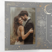 Moon Stars Celestial Grijs en Goud Trouwfoto Drieluik Uitnodiging (Binnenzijde eerst)