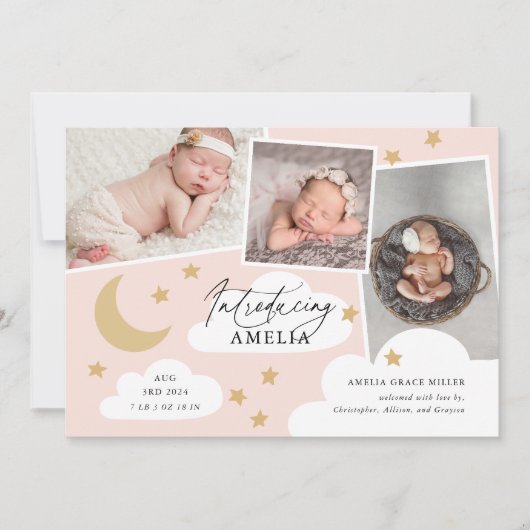 Moon Stars Clouds 3 Foto Collage Pink Birth Annou Aankondiging (Voorkant)