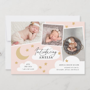 Moon Stars Clouds 3 Foto Collage Pink Birth Annou Aankondiging